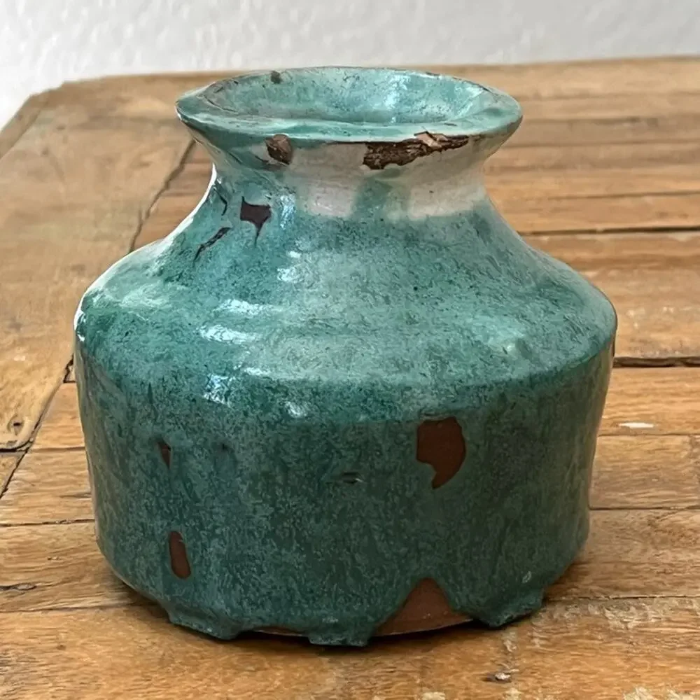 Studio Art Pottery Vase Stoneware Green Blue Drip Glaze